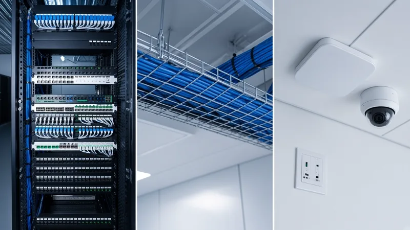 Network rack with dressed Cat6 cabling, overhead cable tray, and a ceiling Wi-Fi access point, security camera and wall data outlet